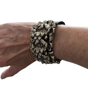 Vintage Brutalist Cuff Bracelet /Engraved Floral Back /Statement Piece